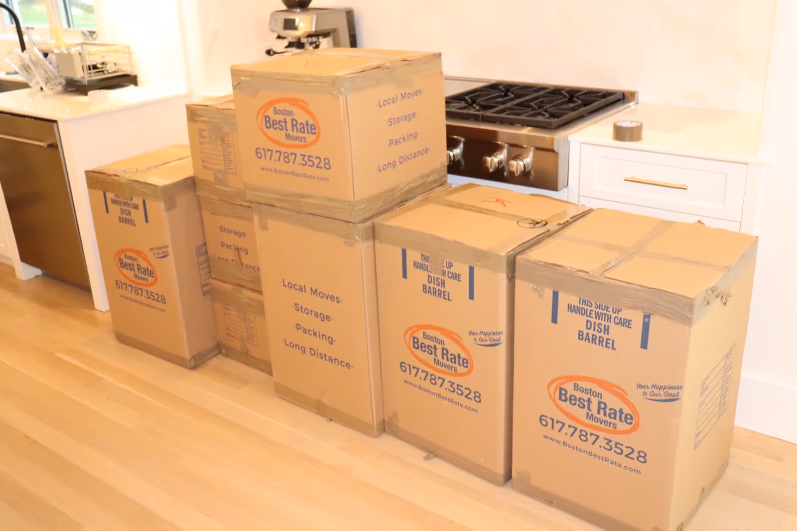 Boston Best Rate Movers boxes packed in a luxury kitchen on moving day