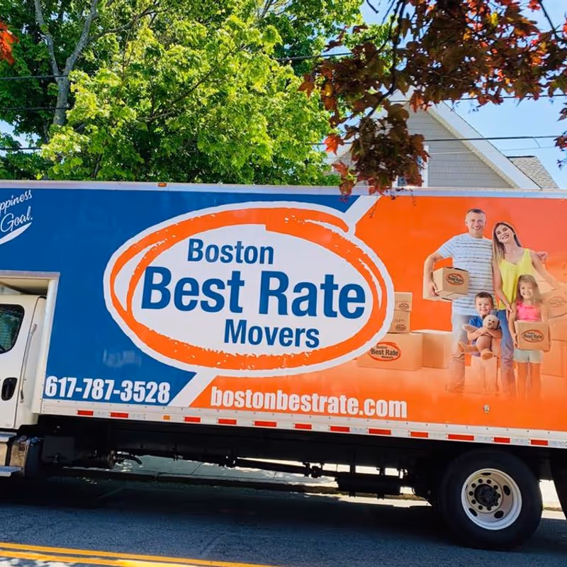Boston Best Rate Movers branded truck on a residential Boston street