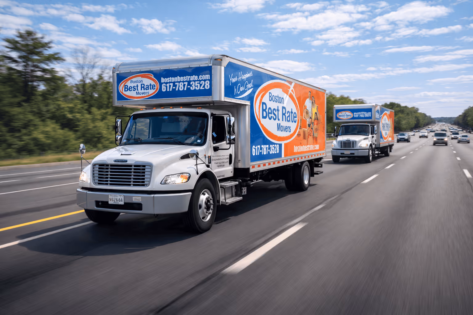 Two Boston Best Rate Movers branded trucks driving on the highway for long-distance moving