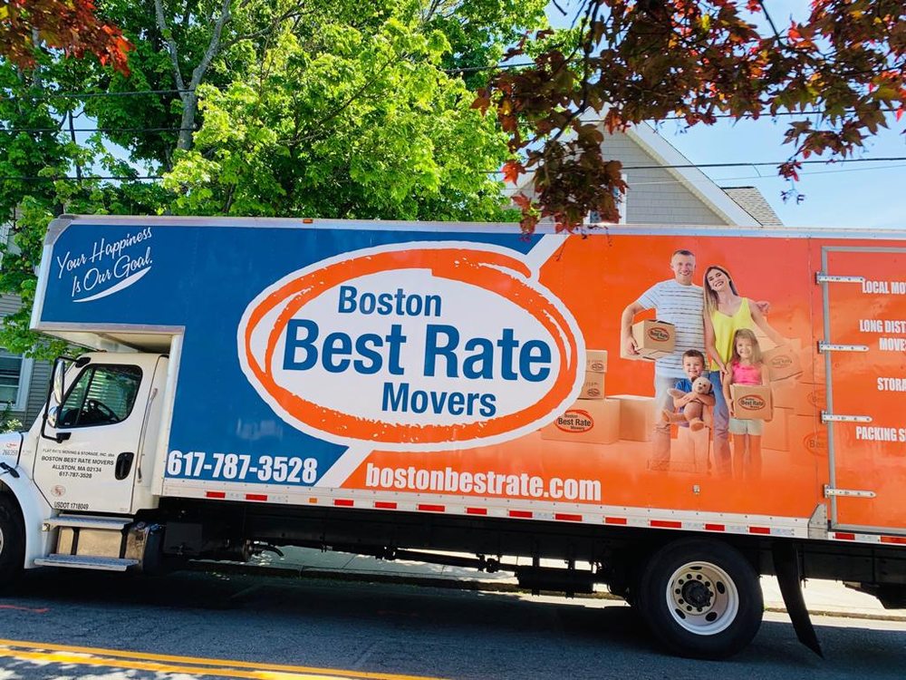 Boston Best Rate Movers branded truck on a residential Boston street